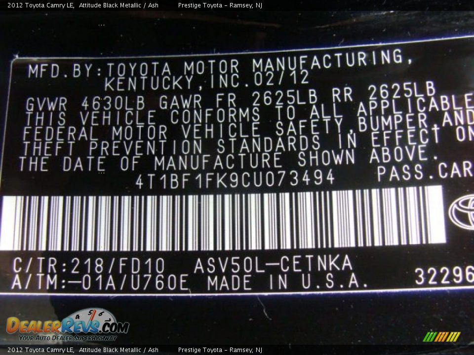 2012 Toyota Camry LE Attitude Black Metallic / Ash Photo #15