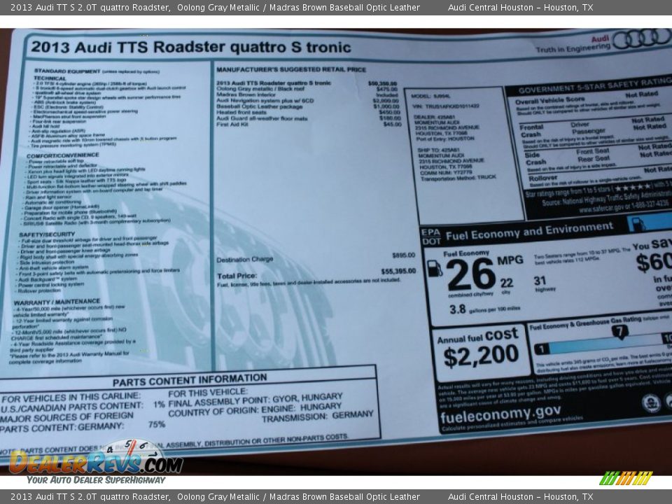 2013 Audi TT S 2.0T quattro Roadster Window Sticker Photo #32
