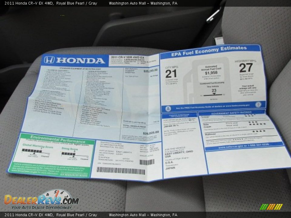2011 Honda CR-V EX 4WD Royal Blue Pearl / Gray Photo #17