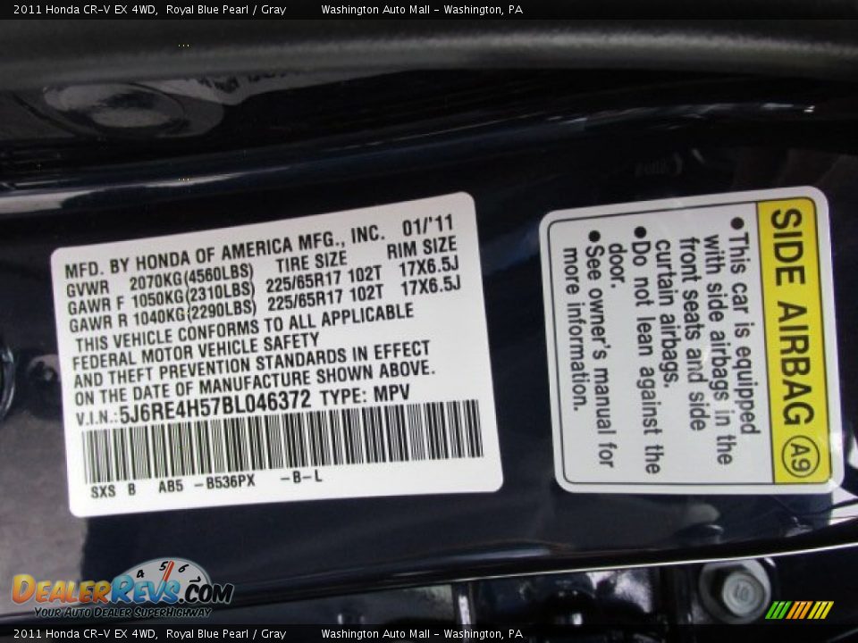 2011 Honda CR-V EX 4WD Royal Blue Pearl / Gray Photo #19