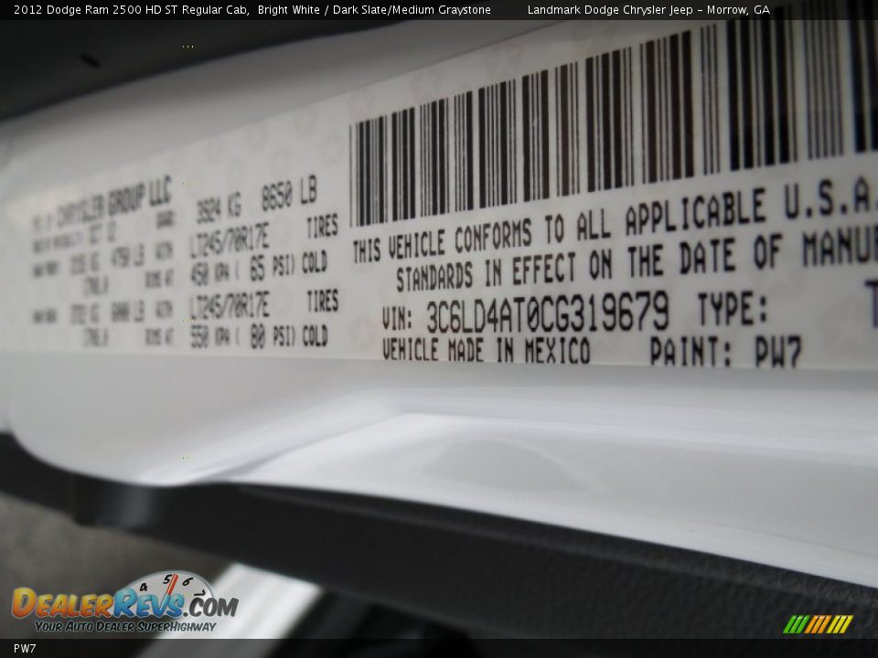 Dodge Color Code PW7 Bright White