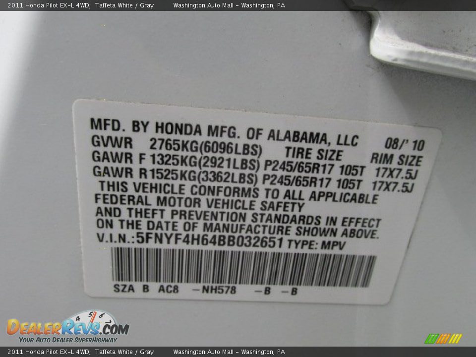 2011 Honda Pilot EX-L 4WD Taffeta White / Gray Photo #19