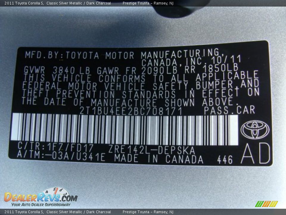 2011 Toyota Corolla S Classic Silver Metallic / Dark Charcoal Photo #15