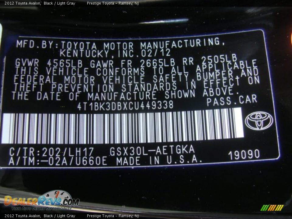2012 Toyota Avalon Black / Light Gray Photo #15