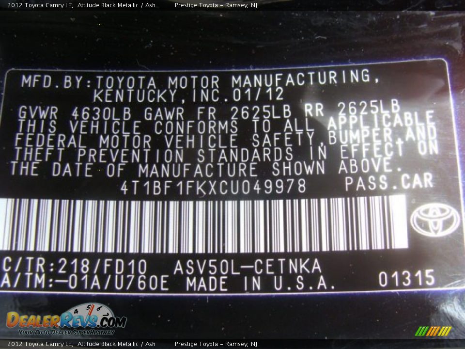 2012 Toyota Camry LE Attitude Black Metallic / Ash Photo #15