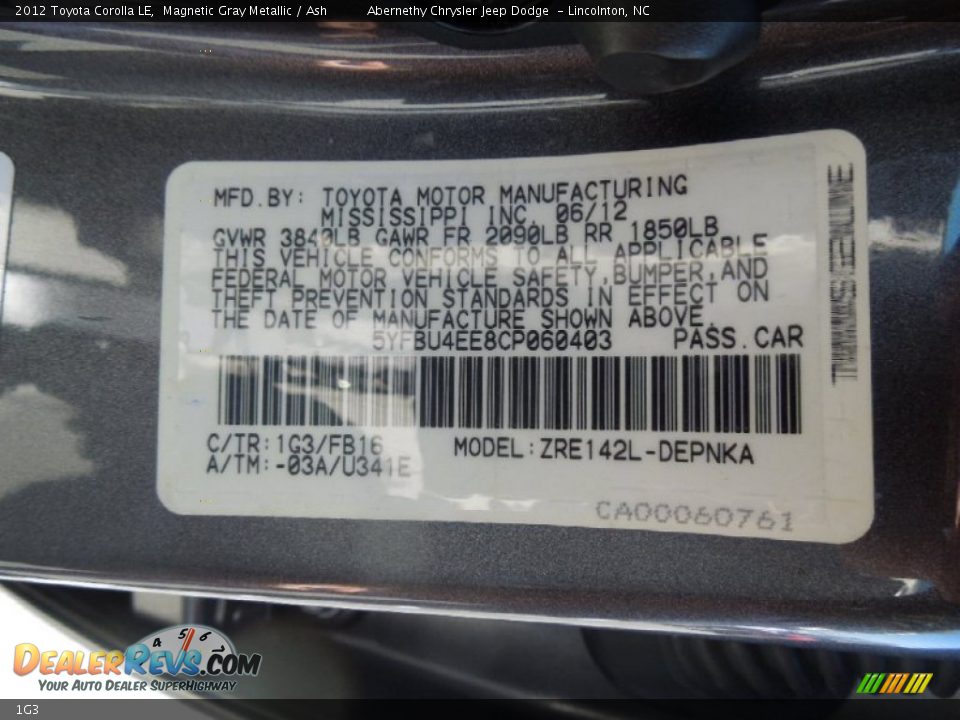 Toyota Color Code 1G3 Magnetic Gray Metallic