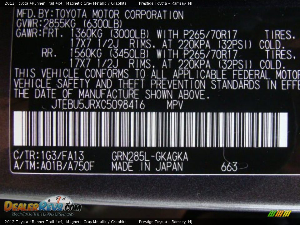 2012 Toyota 4Runner Trail 4x4 Magnetic Gray Metallic / Graphite Photo #15