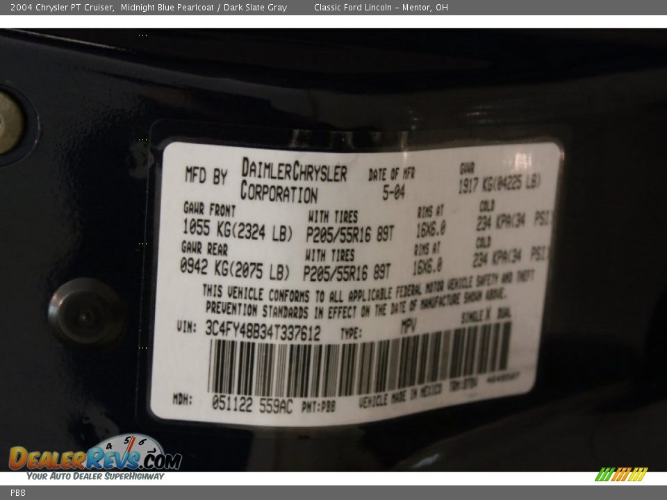 Chrysler Color Code PB8 Midnight Blue Pearlcoat