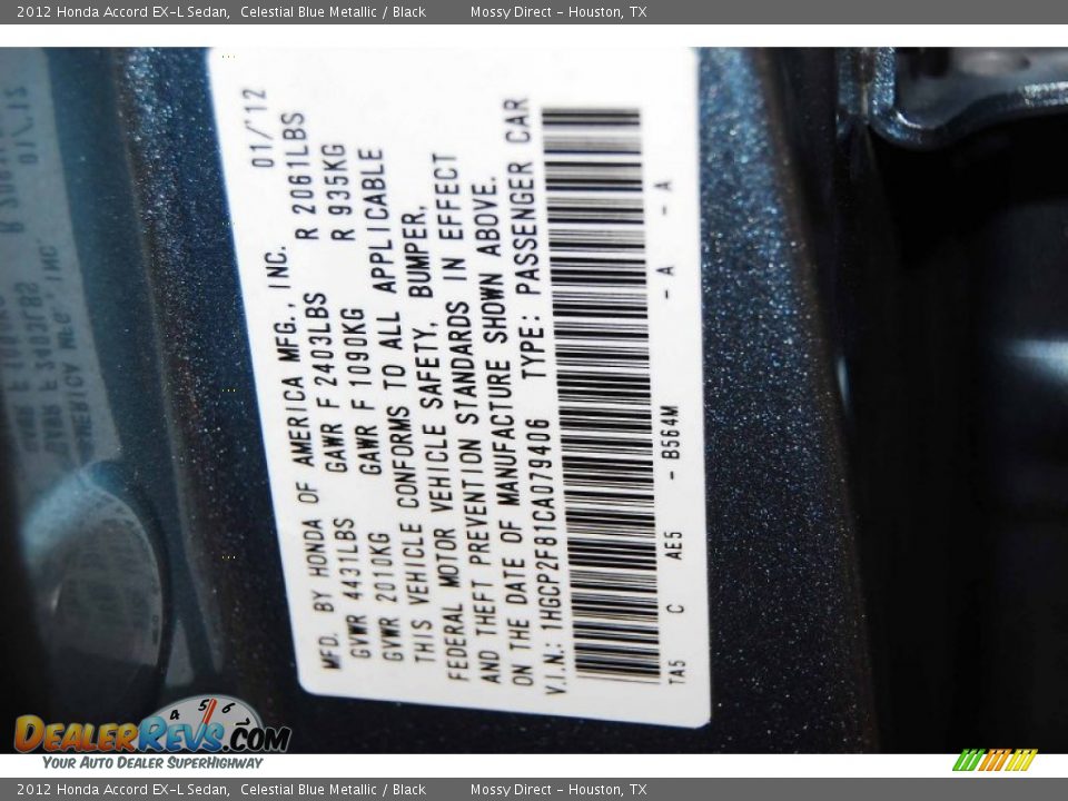 2012 Honda Accord EX-L Sedan Celestial Blue Metallic / Black Photo #13