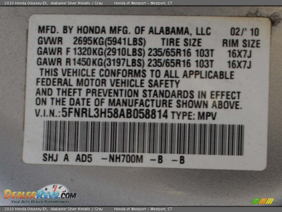 2010 Honda Odyssey EX Alabaster Silver Metallic / Gray Photo #27