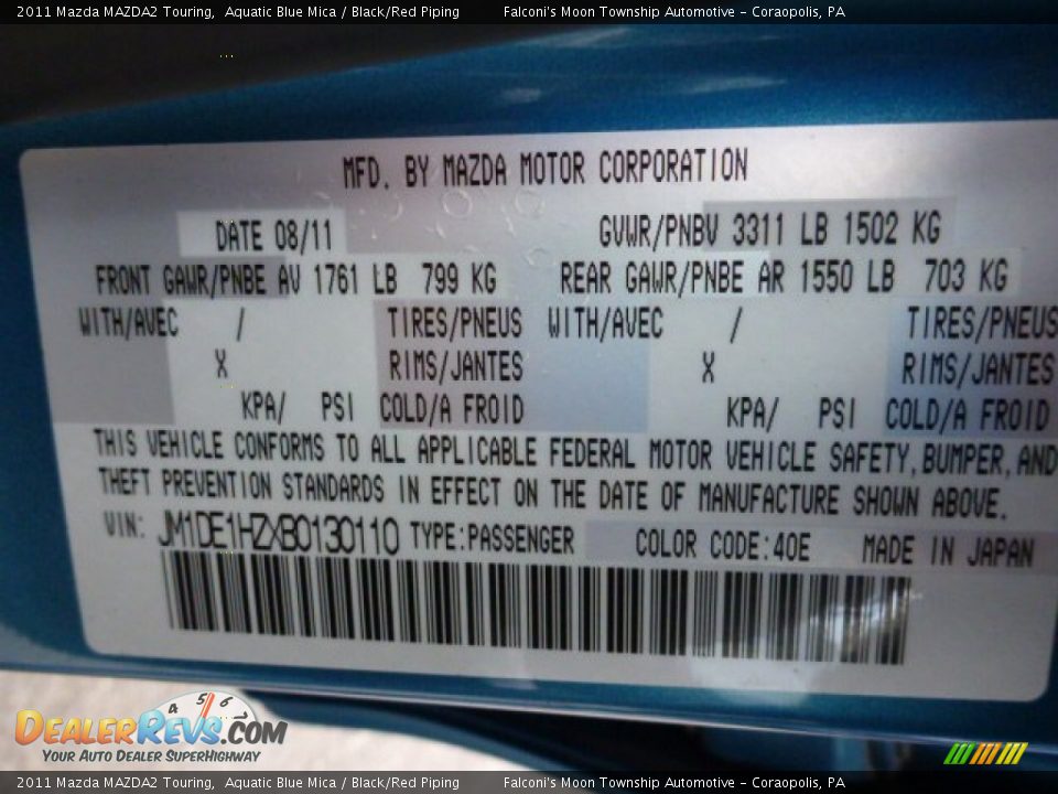 2011 Mazda MAZDA2 Touring Aquatic Blue Mica / Black/Red Piping Photo #24