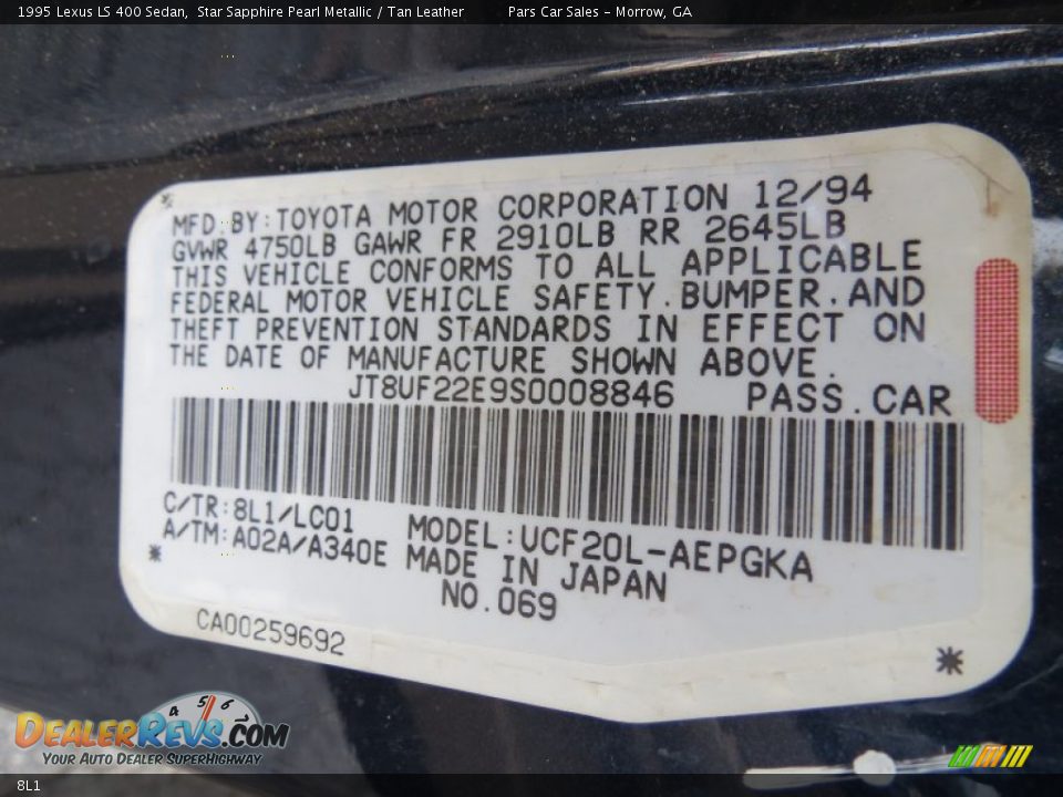 Lexus Color Code 8L1 Star Sapphire Pearl Metallic