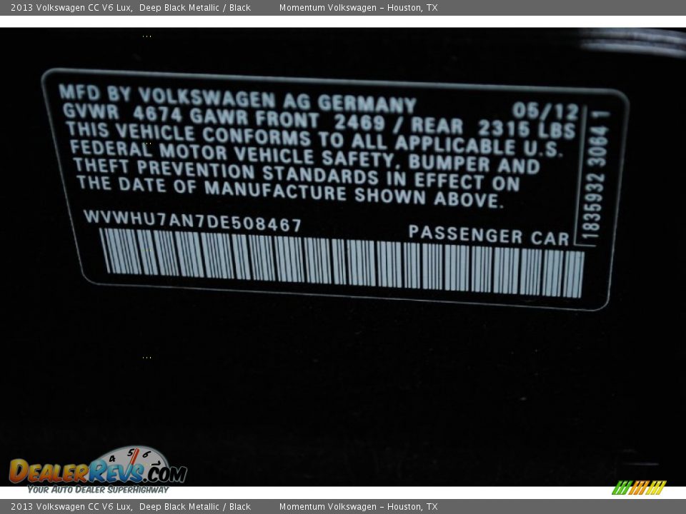 2013 Volkswagen CC V6 Lux Deep Black Metallic / Black Photo #33
