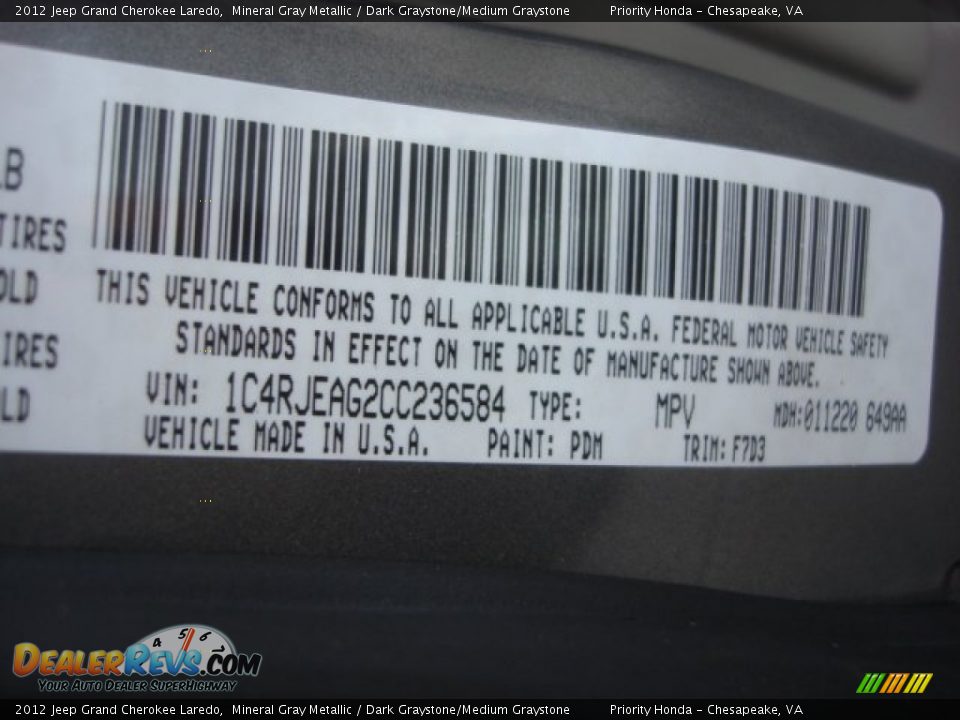 2012 Jeep Grand Cherokee Laredo Mineral Gray Metallic / Dark Graystone/Medium Graystone Photo #28