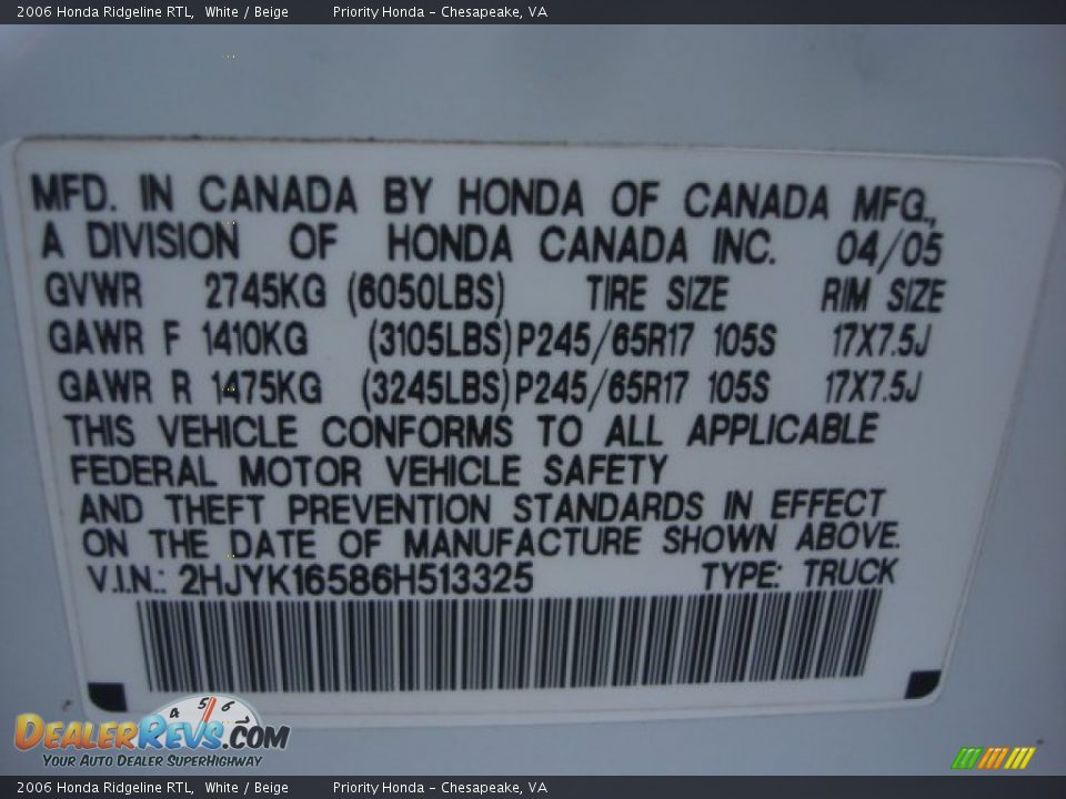 2006 Honda Ridgeline RTL White / Beige Photo #30