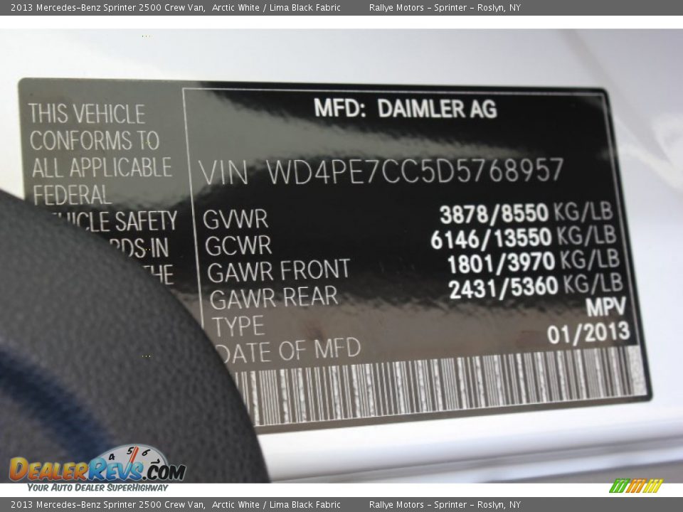 Info Tag of 2013 Mercedes-Benz Sprinter 2500 Crew Van Photo #19