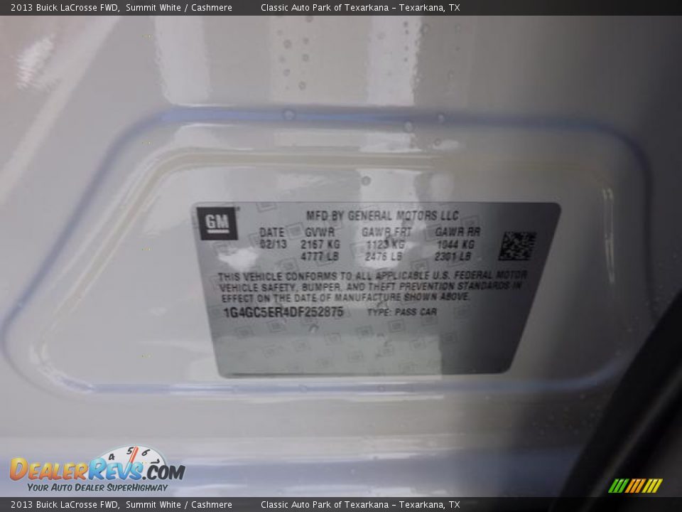 2013 Buick LaCrosse FWD Summit White / Cashmere Photo #31