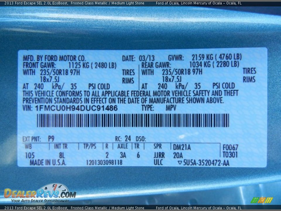 2013 Ford Escape SEL 2.0L EcoBoost Frosted Glass Metallic / Medium Light Stone Photo #12