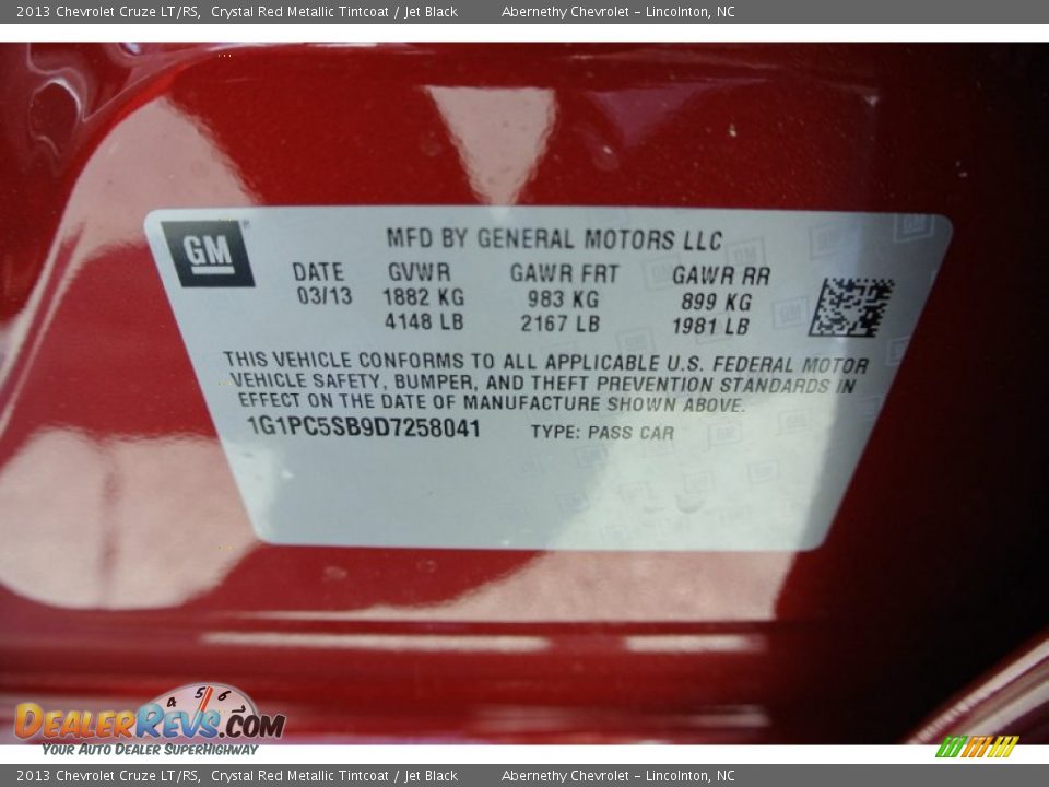 2013 Chevrolet Cruze LT/RS Crystal Red Metallic Tintcoat / Jet Black Photo #7