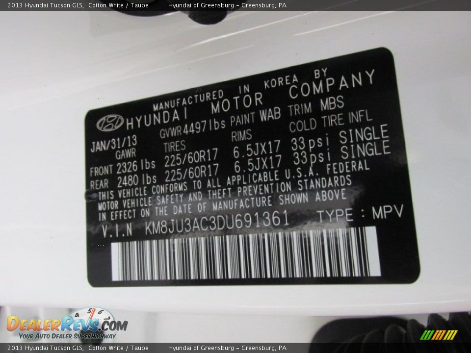 2013 Hyundai Tucson GLS Cotton White / Taupe Photo #10