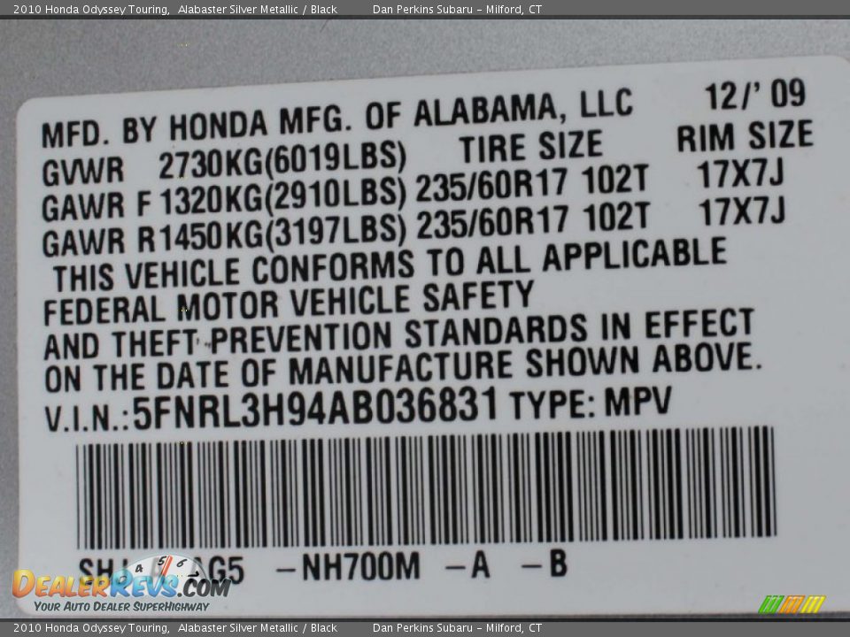 2010 Honda Odyssey Touring Alabaster Silver Metallic / Black Photo #27