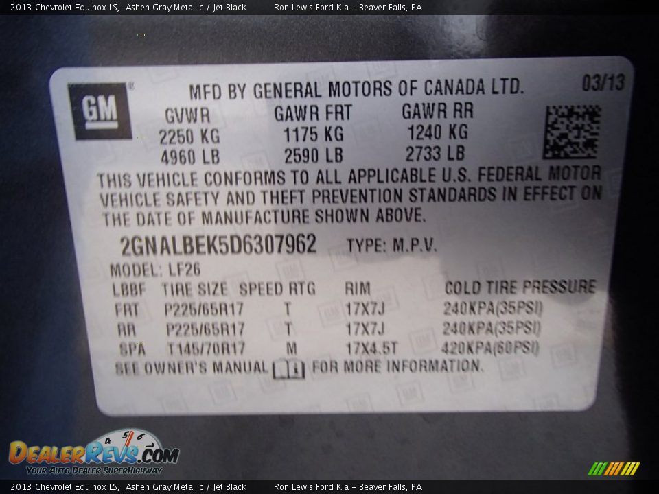 2013 Chevrolet Equinox LS Ashen Gray Metallic / Jet Black Photo #20