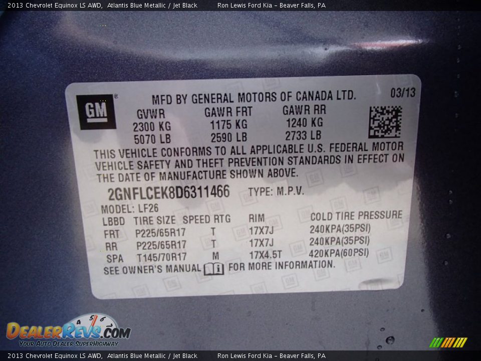 2013 Chevrolet Equinox LS AWD Atlantis Blue Metallic / Jet Black Photo #20