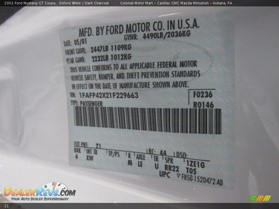 Ford Color Code Z1 Oxford White