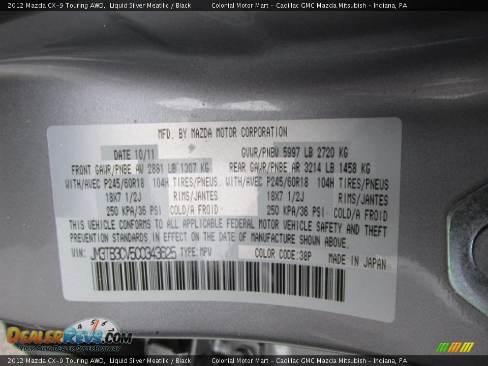 2012 Mazda CX-9 Touring AWD Liquid Silver Meatllic / Black Photo #19