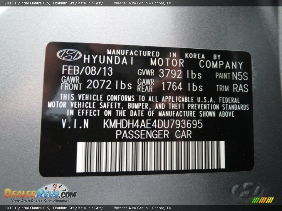 2013 Hyundai Elantra GLS Titanium Gray Metallic / Gray Photo #6