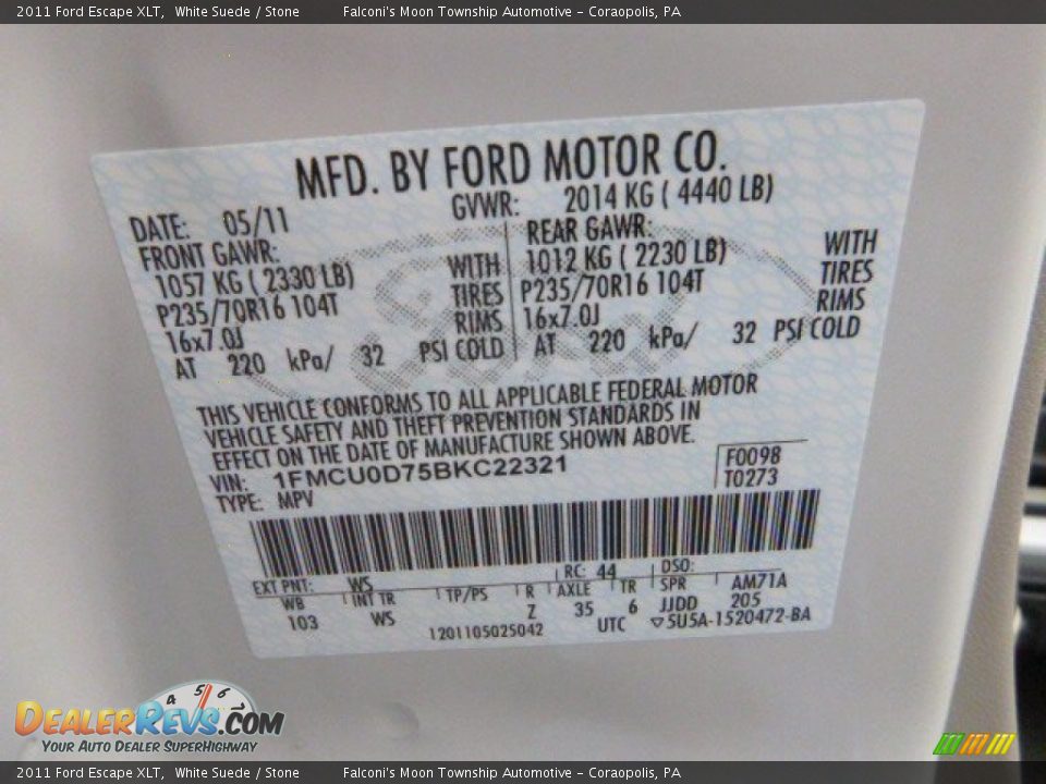 2011 Ford Escape XLT White Suede / Stone Photo #24