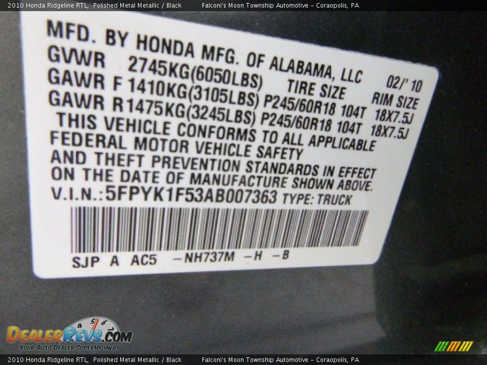 2010 Honda Ridgeline RTL Polished Metal Metallic / Black Photo #24