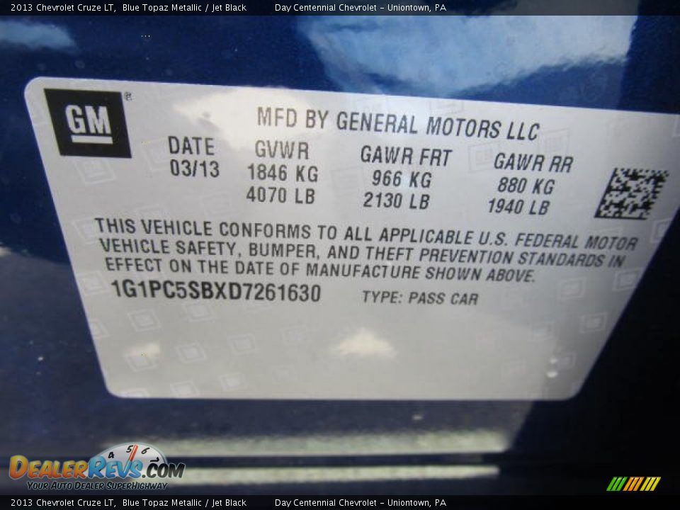 2013 Chevrolet Cruze LT Blue Topaz Metallic / Jet Black Photo #19