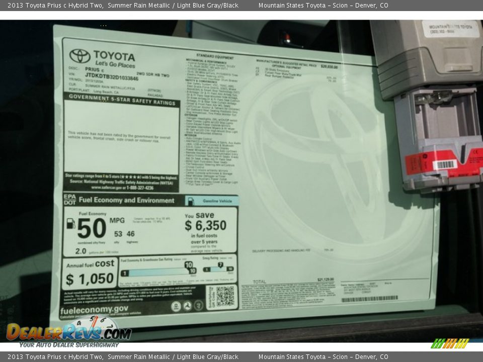 2013 Toyota Prius c Hybrid Two Summer Rain Metallic / Light Blue Gray/Black Photo #10