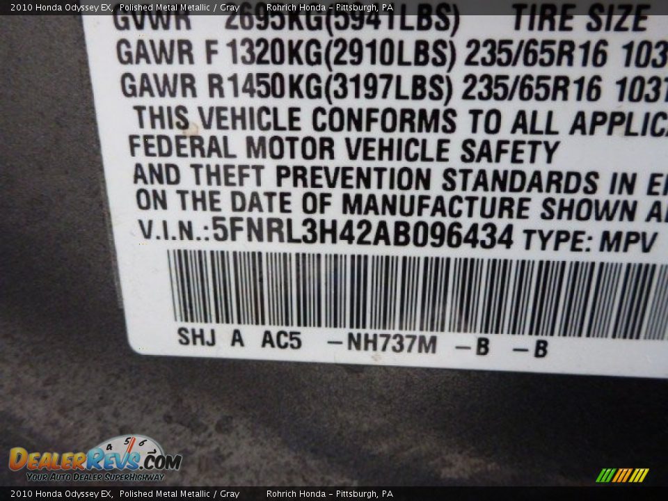 2010 Honda Odyssey EX Polished Metal Metallic / Gray Photo #16