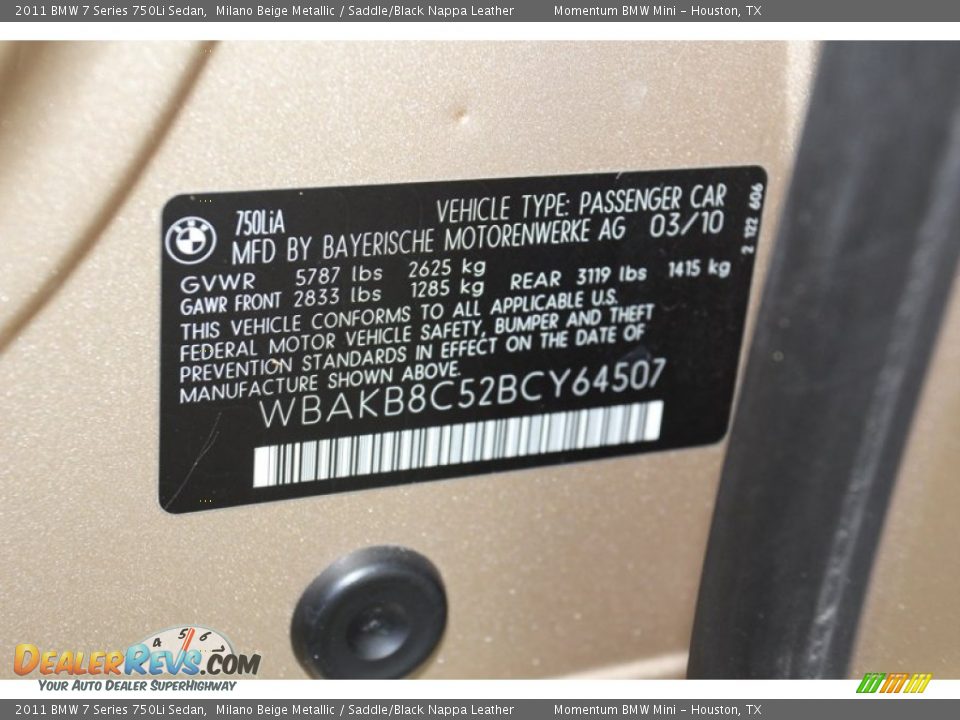 Info Tag of 2011 BMW 7 Series 750Li Sedan Photo #10