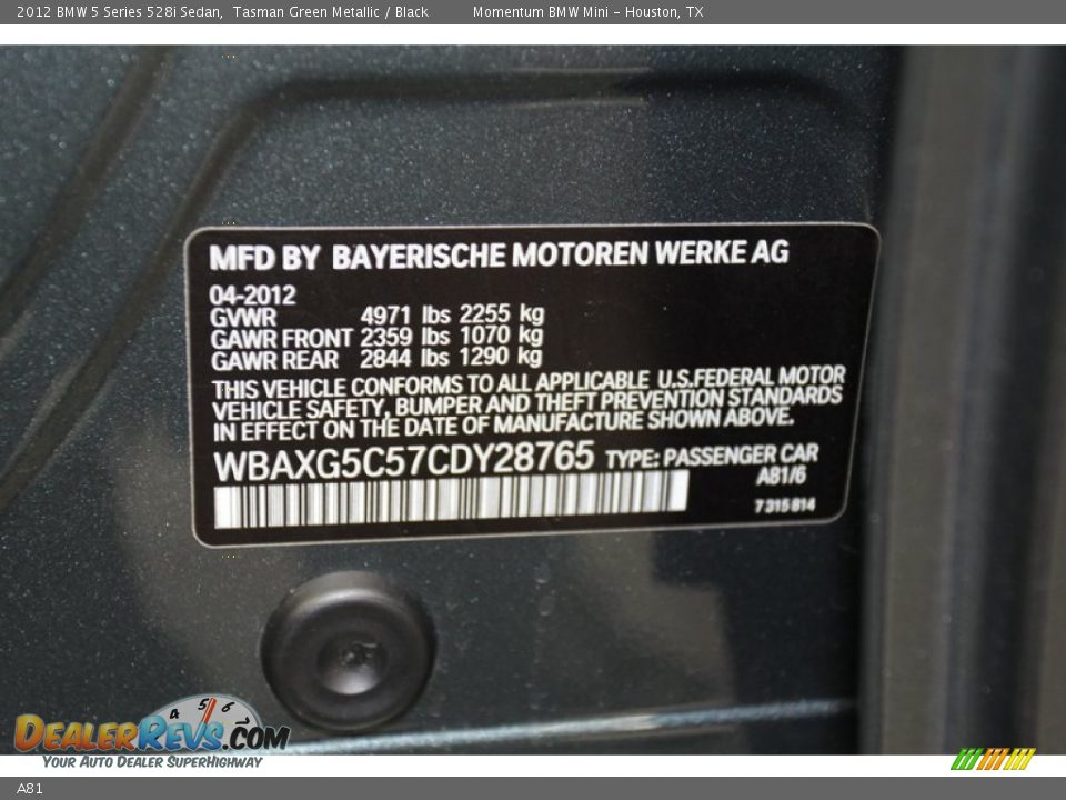 BMW Color Code A81 Tasman Green Metallic