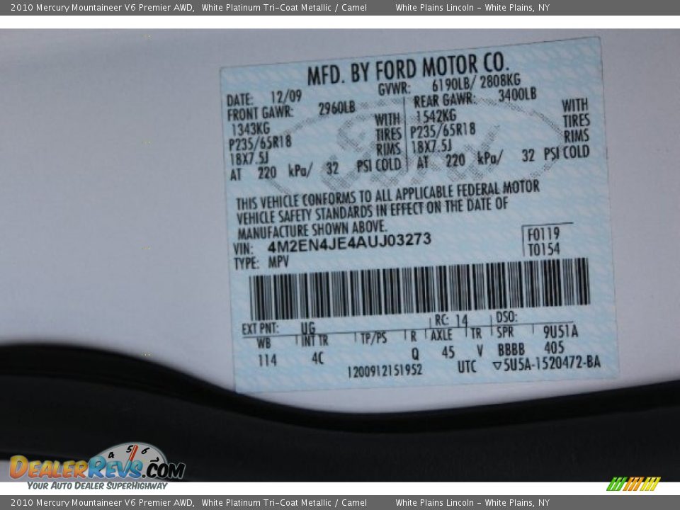 2010 Mercury Mountaineer V6 Premier AWD White Platinum Tri-Coat Metallic / Camel Photo #28