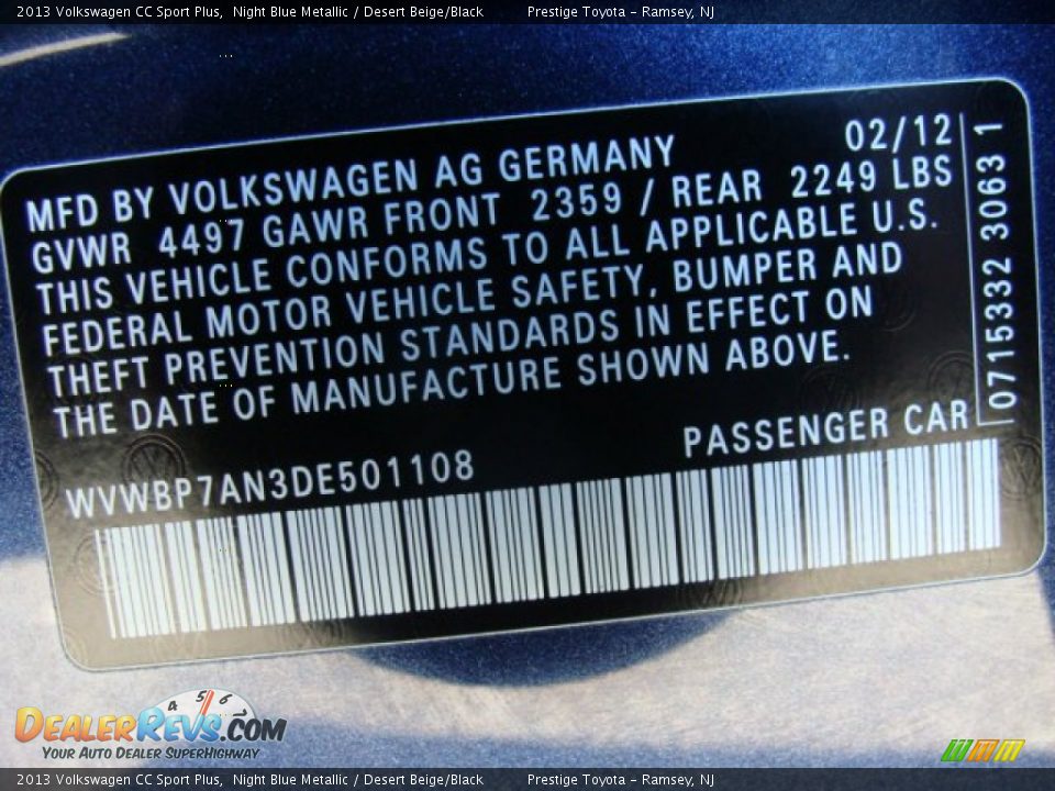 2013 Volkswagen CC Sport Plus Night Blue Metallic / Desert Beige/Black Photo #15