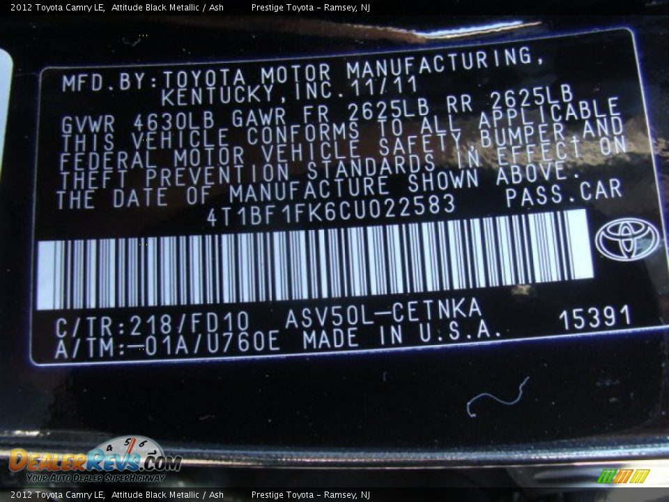 2012 Toyota Camry LE Attitude Black Metallic / Ash Photo #15