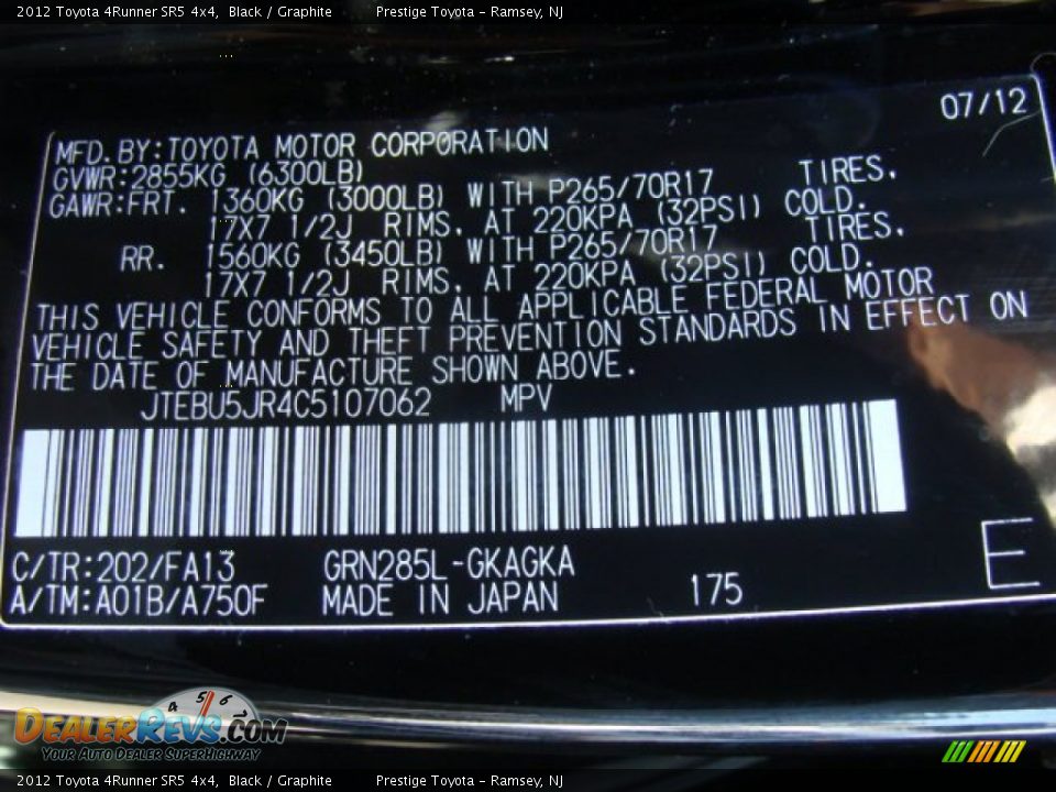 2012 Toyota 4Runner SR5 4x4 Black / Graphite Photo #15