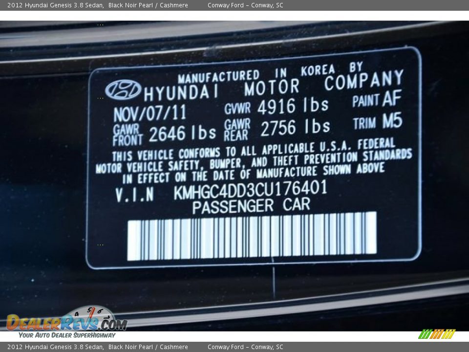 2012 Hyundai Genesis 3.8 Sedan Black Noir Pearl / Cashmere Photo #32