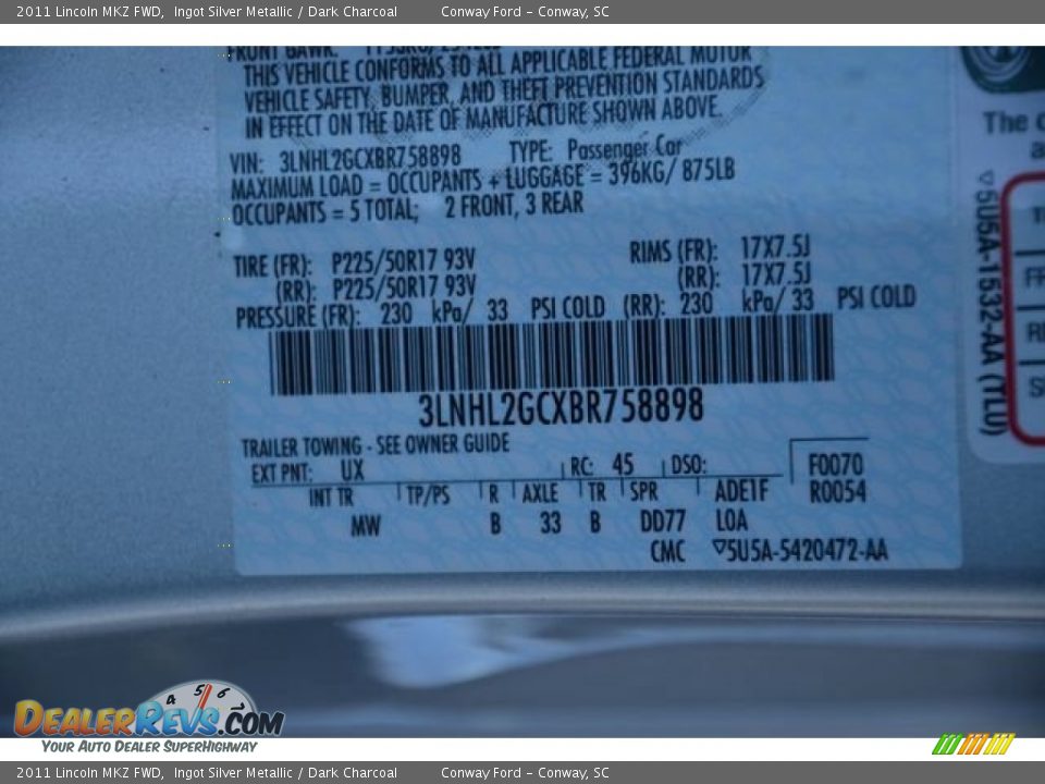 2011 Lincoln MKZ FWD Ingot Silver Metallic / Dark Charcoal Photo #31