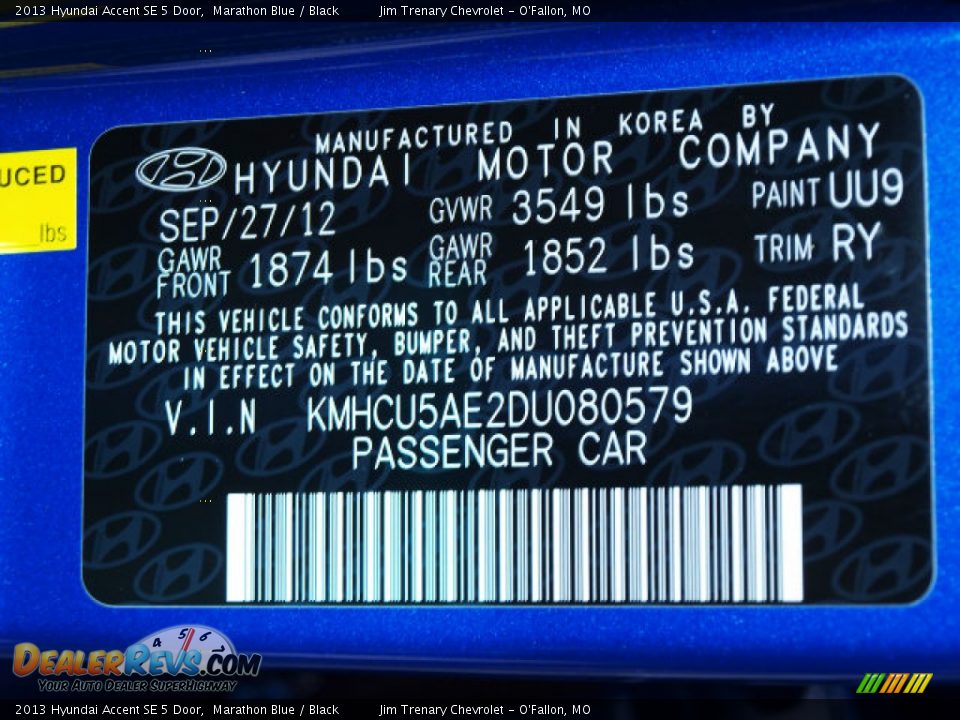 2013 Hyundai Accent SE 5 Door Marathon Blue / Black Photo #17