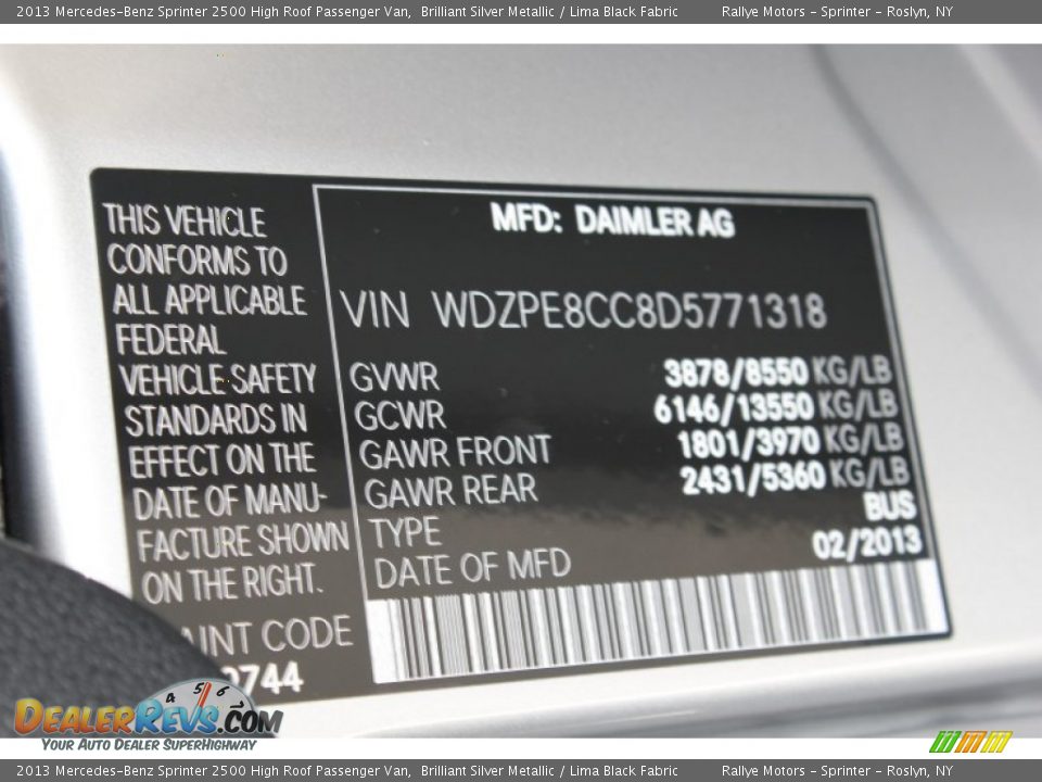 2013 Mercedes-Benz Sprinter 2500 High Roof Passenger Van Brilliant Silver Metallic / Lima Black Fabric Photo #20