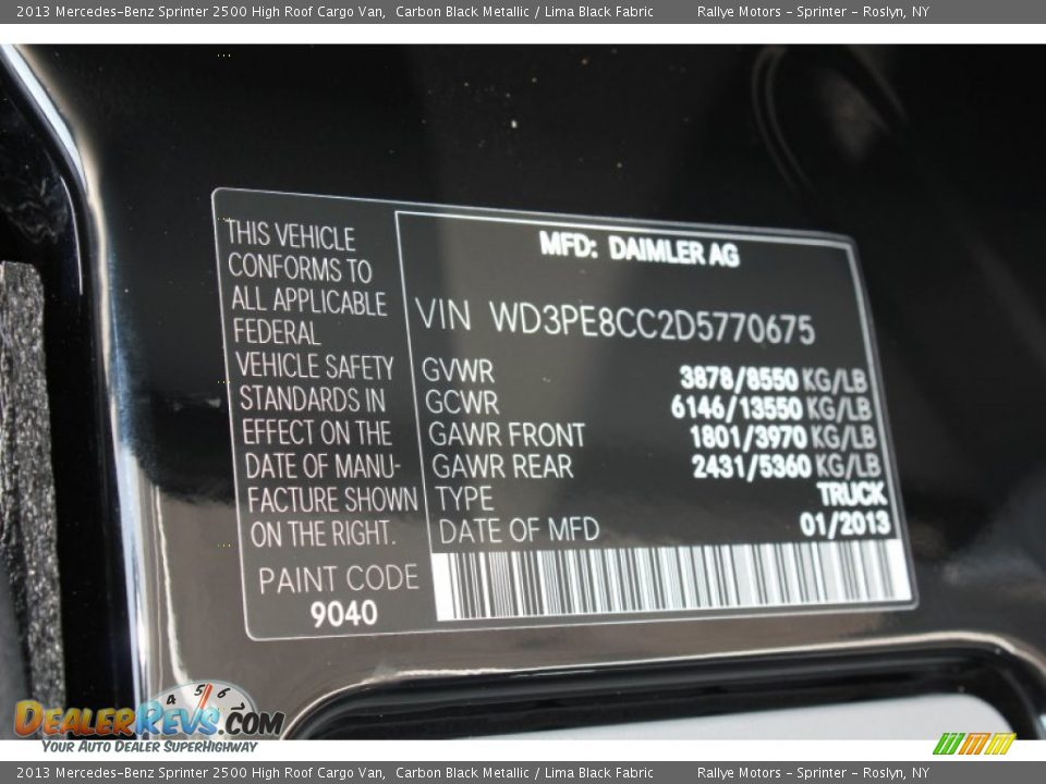 2013 Mercedes-Benz Sprinter 2500 High Roof Cargo Van Carbon Black Metallic / Lima Black Fabric Photo #18