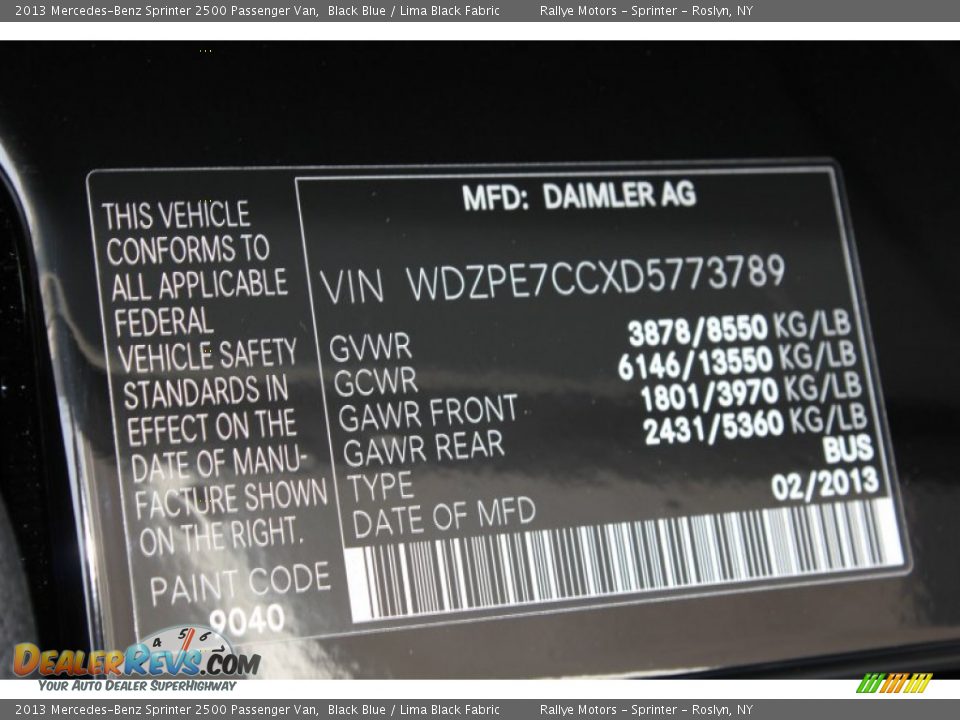 2013 Mercedes-Benz Sprinter 2500 Passenger Van Black Blue / Lima Black Fabric Photo #19