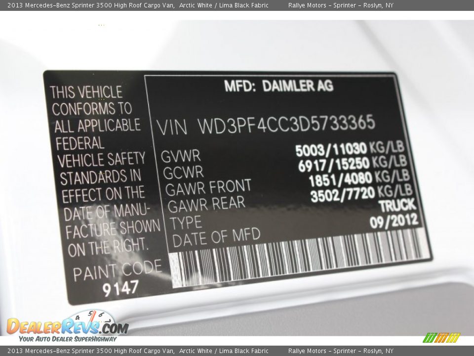 2013 Mercedes-Benz Sprinter 3500 High Roof Cargo Van Arctic White / Lima Black Fabric Photo #19