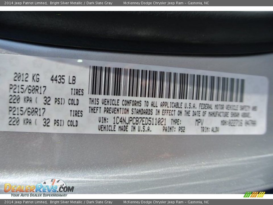 2014 Jeep Patriot Limited Bright Silver Metallic / Dark Slate Gray Photo #7