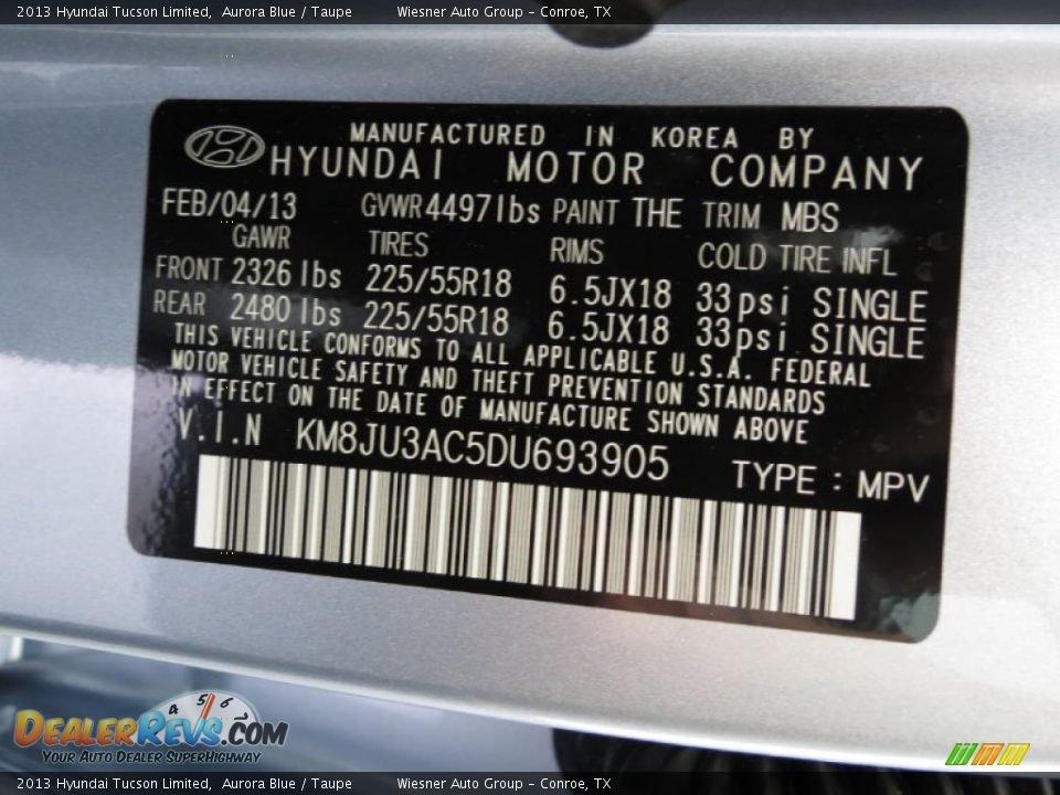 2013 Hyundai Tucson Limited Aurora Blue / Taupe Photo #6